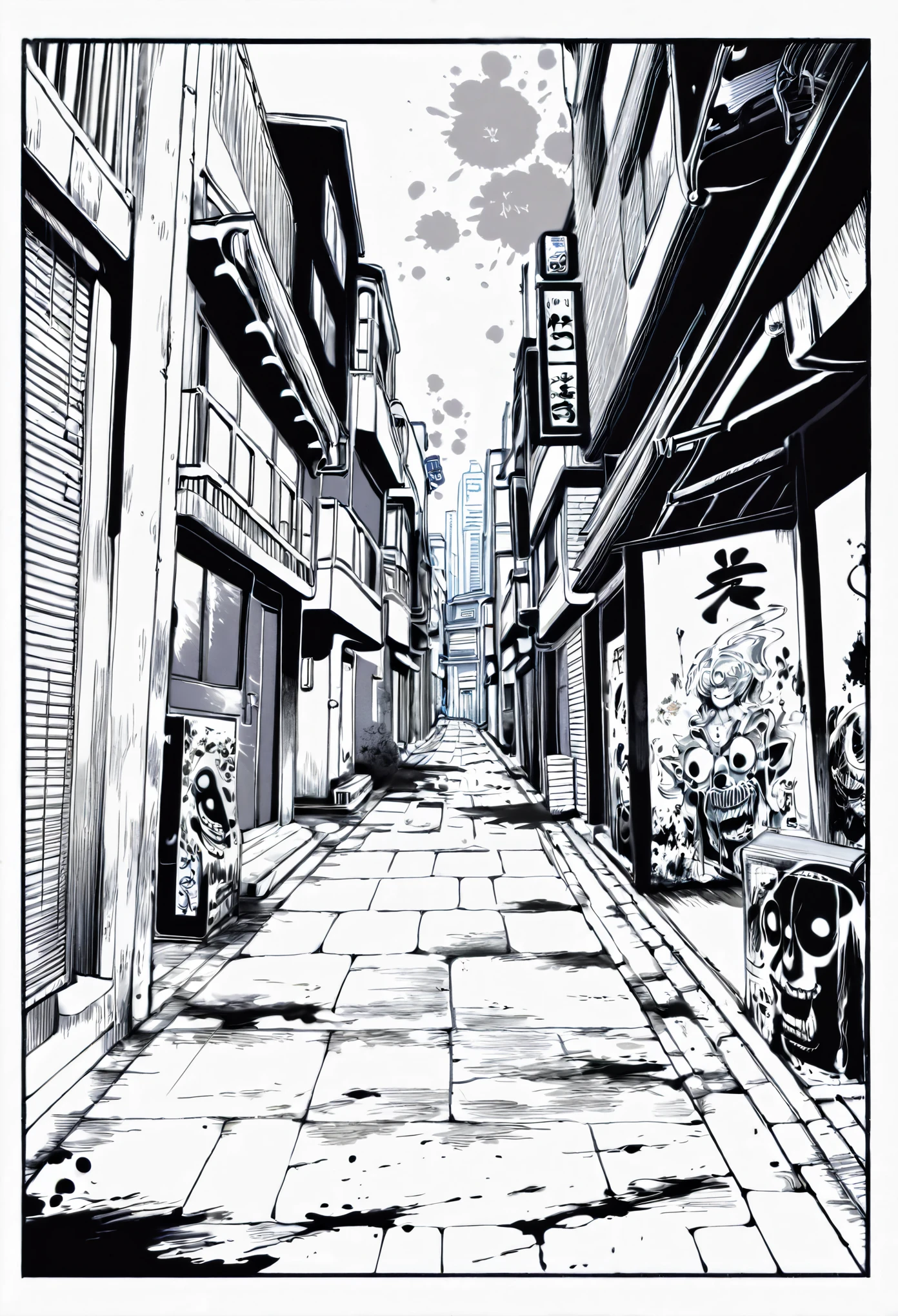 a drawing of a street with building, anime city, japanese street, alley, anime style cityscape, clean anime outlines, line - art, tokyo alleyway, buildings, and horror effect shadings, drawing with ink splatters incorporate to it, street art shading with ink splatters, blacklight