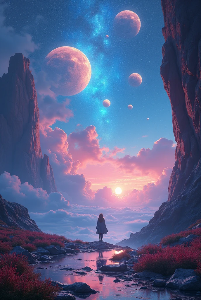 a fantasy space, multiple stars, a person gazing, the surroundings are glowing, highly detailed, cinematic lighting, intricate details, vibrant colors, ethereal atmosphere, 8k, photorealistic, masterpiece, concept art