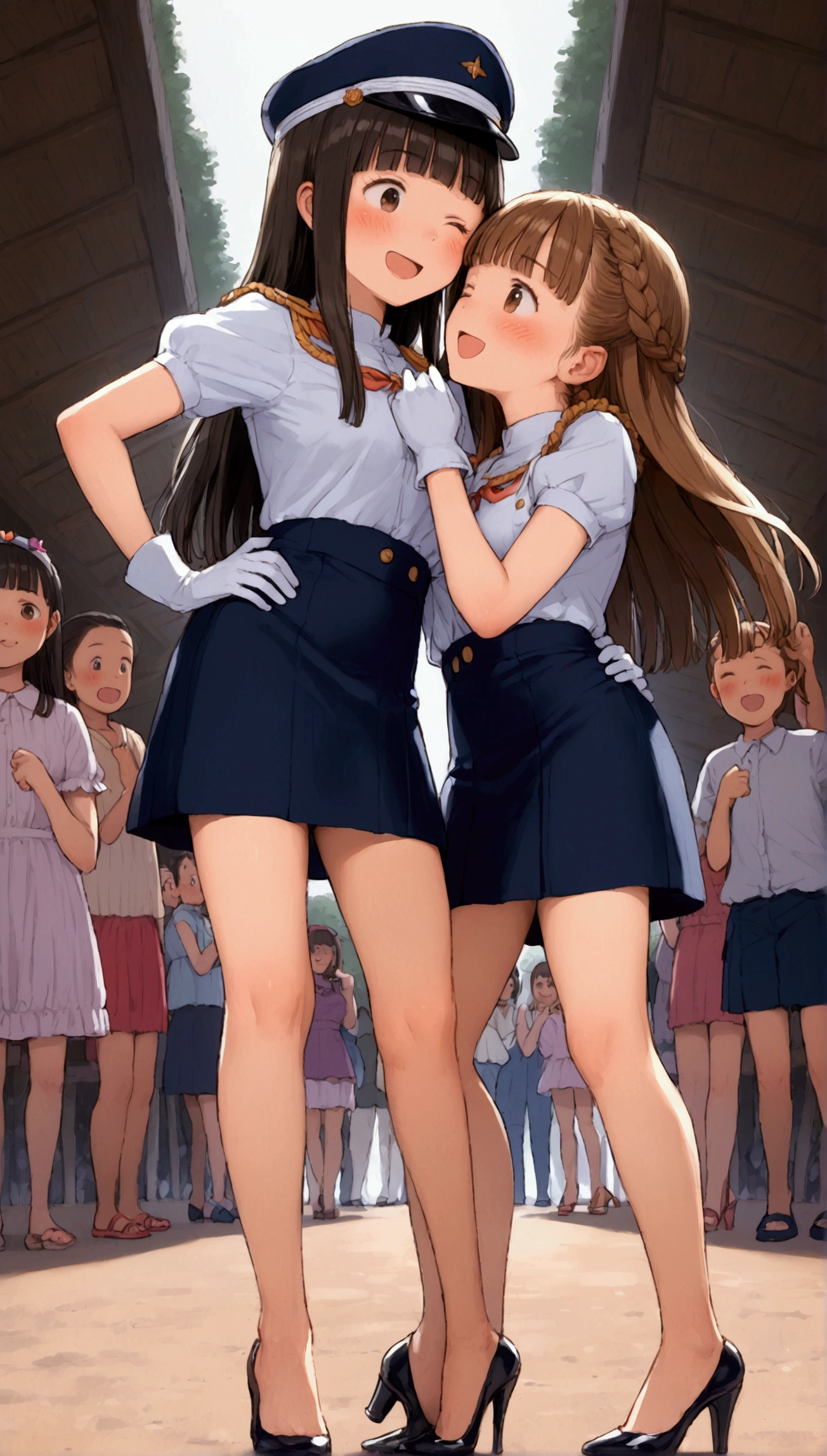 {Highest quality}, {Super beautiful},{Ultra fine},{Best illustration},Brown Hair,Hime cut,long hair,Braid,One woman,Standing Woman,Strike a pose,Adult women,smile,Excited face,Wink,Uniform cap,White Shirt,Short sleeve,long black skirt,White gloves,Night Festival,Blushing,Slender,Black stiletto heels,barefoot,From an angle,From below,Put one hand on your hip,Woman with closed legs,blow a kiss with one hand,Bring your lips closer