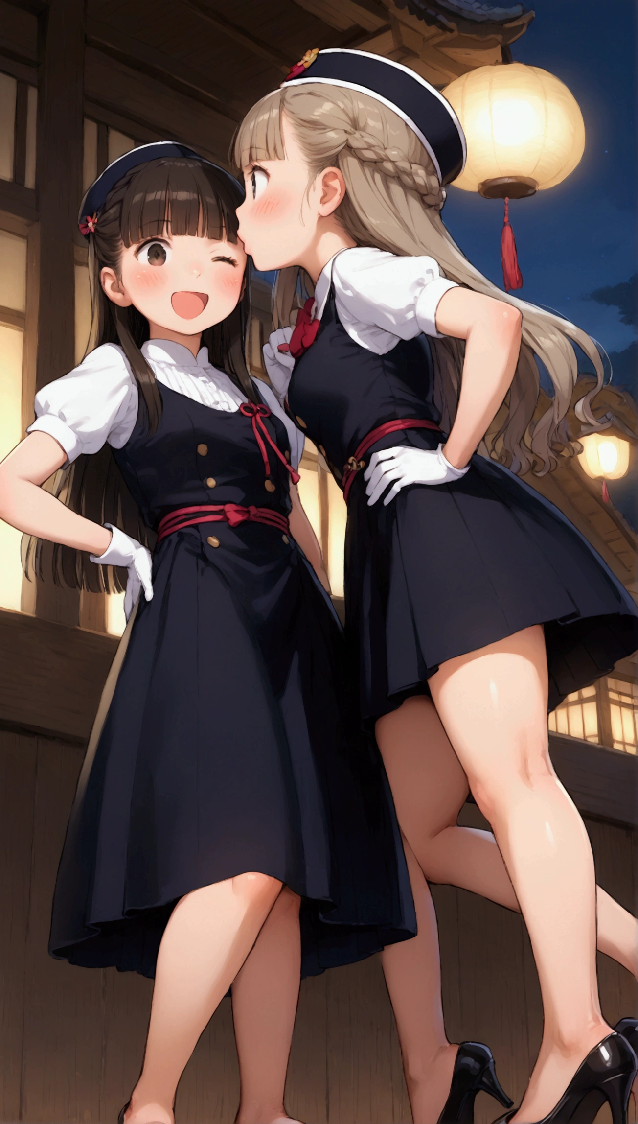 {Highest quality}, {Super beautiful},{Ultra fine},{Best illustration},Brown Hair,Hime cut,long hair,Braid,One woman,Standing Woman,Strike a pose,Adult women,smile,Excited face,Wink,Uniform cap,White Shirt,Short sleeve,long black skirt,White gloves,Night Festival,Blushing,Slender,Black stiletto heels,barefoot,From an angle,From below,Put one hand on your hip,Woman with closed legs,blow a kiss with one hand,Bring your lips closer