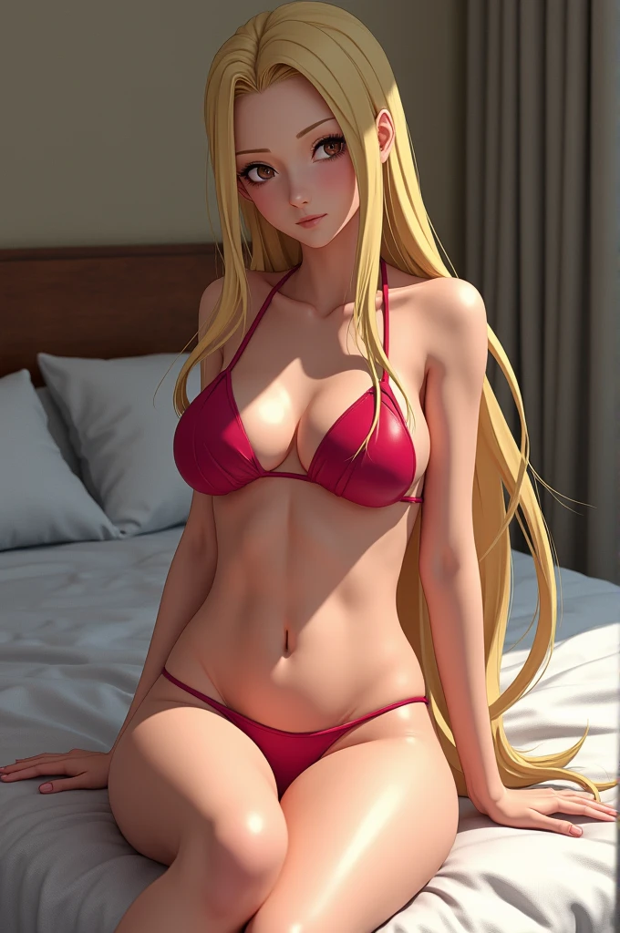 Tsunade senju with bikini and thin stomach sitting on the bed and vacuuming her stomach 