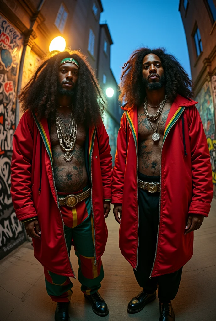 A mesmerizing, 4K ultra-high-resolution photograph of two Atletic , Afroamerican rasta long hair corpulent, corpulent 24 YEARS OLD  urban rock music artists, fusing rock and hip-hop styles. The image is captured through a professional fisheye lens, showcasing the artists' hyper-realistic, photorealistic appearance. The performers wear Clothes Dr. Stranger-inspired outfits, with a magical twist, as if they are Masters of Magic. Their intense expressions and poses dominate the scene, while the background highlights the urban rock atmosphere, with graffiti-covered walls and streetlights.