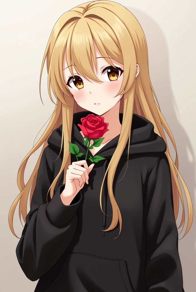 Anime woman, long blonde hair, dark brown eyes, wearing a black hoodie, holding a red rose