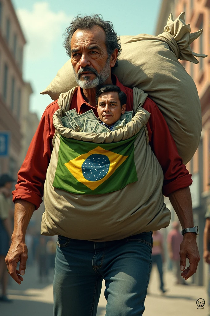 Lula with a bag of money on his back and Bolsonaro inside the bag with money