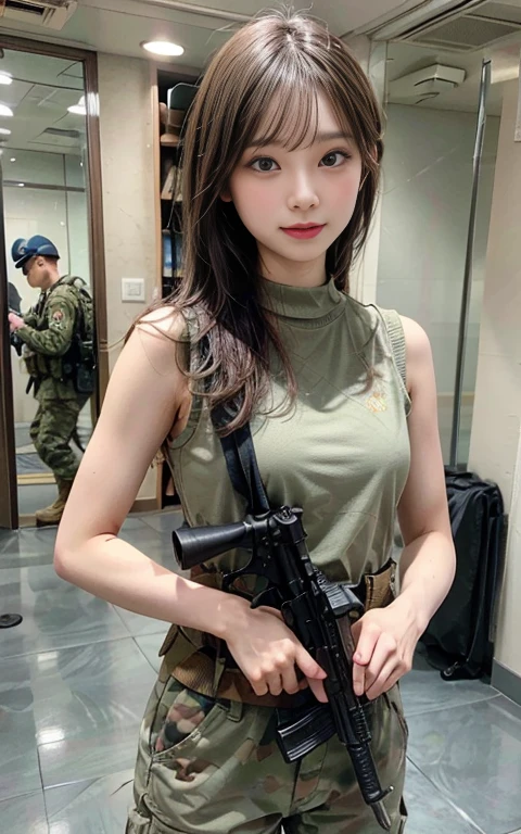 a woman in a military outfit holding a gun on a rocky ground, with rifle, carrying a rifle, military girl, holding a rifle, holding rifle, heavily armed, soldier girl, infantry girl, thicc, ready for combat, shooting pose, with pistol, beautiful female soldier, kailee mandel, militaristic, photograph of a techwear woman