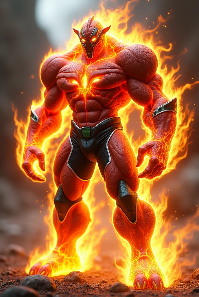 Heatblast's body, due to his fiery nature, is composed of pure plasma energy, covered in plates of reddish rocks. He is significantly muscular, while his shoulders have holes resembling volcanoes. His uniform consists of specialized black, white, and green leggings. His feet have a slight oval-like design with only two toes and one back toe.