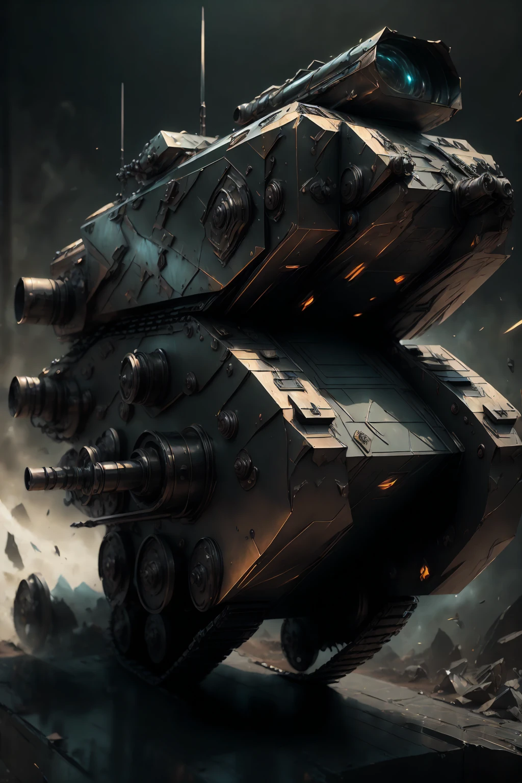 A heavily armored military tank:1.5, detailed metal plating, large treads, turret with a massive cannon, military camouflage pattern, rugged and battle-worn, realistic 3D rendering, highly detailed, cinematic lighting, dramatic shadows, gritty and grungy, epic scale, award-winning digital art, ultra-high definition, photorealistic, masterpiece