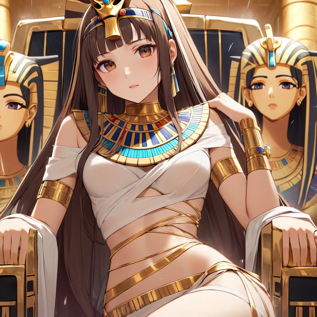 ((Highest quality)), ((masterpiece)), (detailed), （Perfect Face）、((The woman is wearing the golden mask of Tutankhamun))、The woman with the face of Tutankhamun in ancient Egypt is Asuna Yuuki with bright brown hair, semi-long hair, and a magnificent Tutankhamun face wearing a Tutankhamun hat. Her face is completely Tutankhamun and she is wearing clothes like Cleopatra.、The woman is dressed as Tutankhamun of ancient Egypt.、A woman sits on an ancient Egyptian throne and reigns with the golden face of Tutankhamun