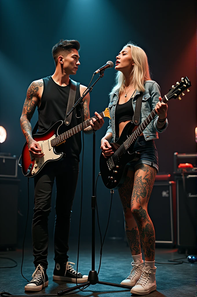 portrait of a handsome Korean man with short hair with an undercut hairstyle, wearing a black tank top, long tight jeans and sneakers, playing a guitar, sitting on a chair on a stage in a metal rock stage style with supporting accessories, arms full of heavy, colored tattoos very colorful and detailed, in front stood a beautiful blonde Russian woman wearing a cropped jacket, black t-shirt, short tight jeans, legs full of heavy tattoos, singing while carrying an electric guitar in a rocker style on stage, rocker style stage background, cinematic, realistic, photographic
