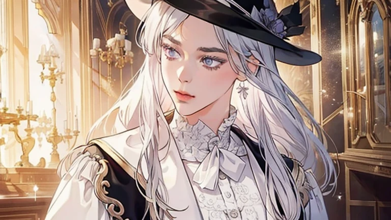a determined victorian era woman, early 30's, scientist, pristine white labcoat, white clothes, writing, straight white hair, striking purple eyes, side-swept bangs, wearing a monocle, long black gloves, skirt, long black boots detailed realistic portrait, photorealistic, hyperrealistic, 8k, detailed clothing, beautiful detailed eyes, beautiful detailed lips, extremely detailed face, intricate ornate details, cinematic lighting, dramatic shadows, warm color tones, natural lighting, highly detailed, masterpiece, artstation, sharp focus, hyper detailed, full body