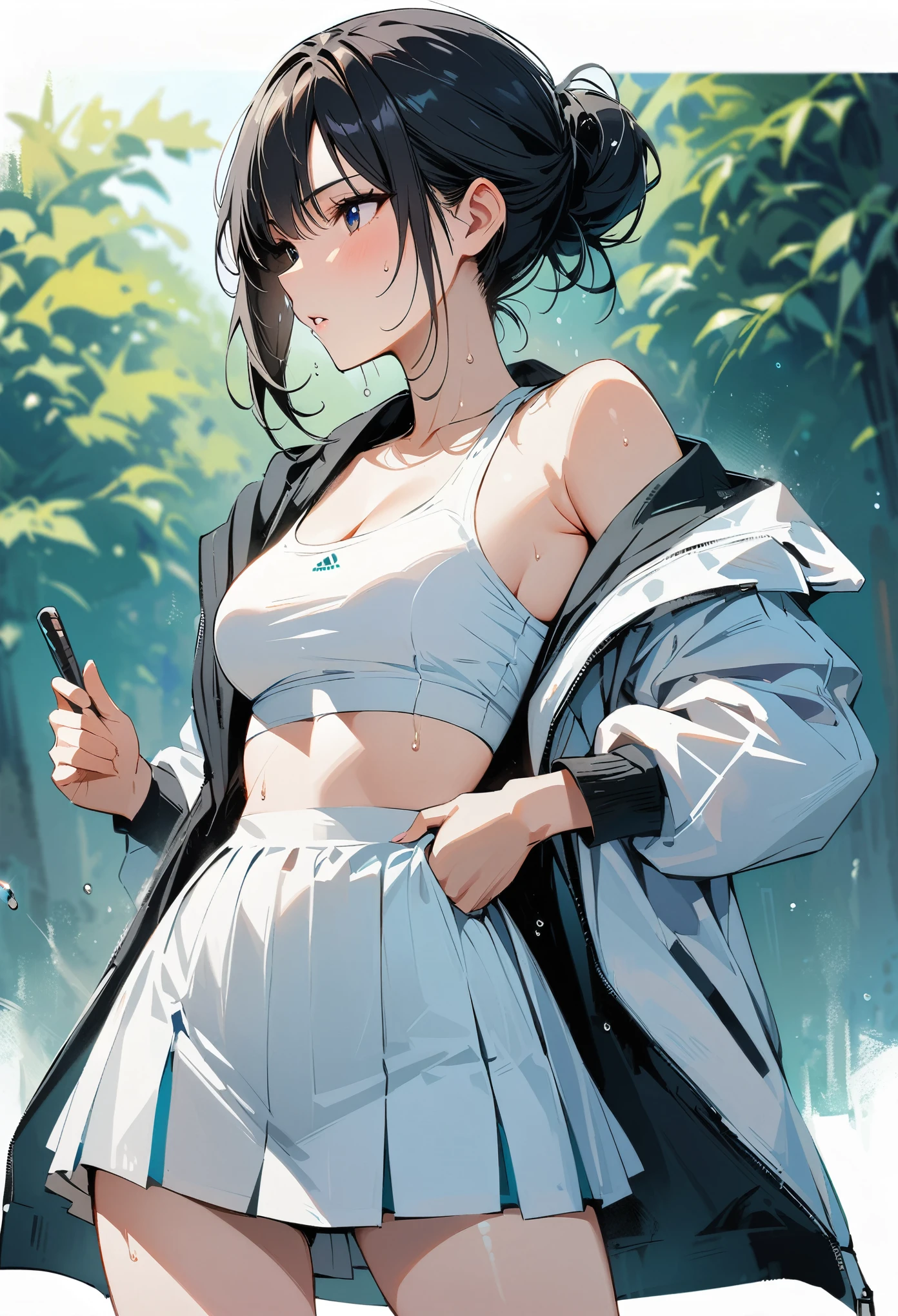 (masterpiece, best quality:1.2), 1 girl, alone , sexy , (tennis skirts) , (cowboy shot) , black hair , (white sports bra) , (Sweat) , (tennis coat) , (hair bun) , tennis pose , grab the tennis raket