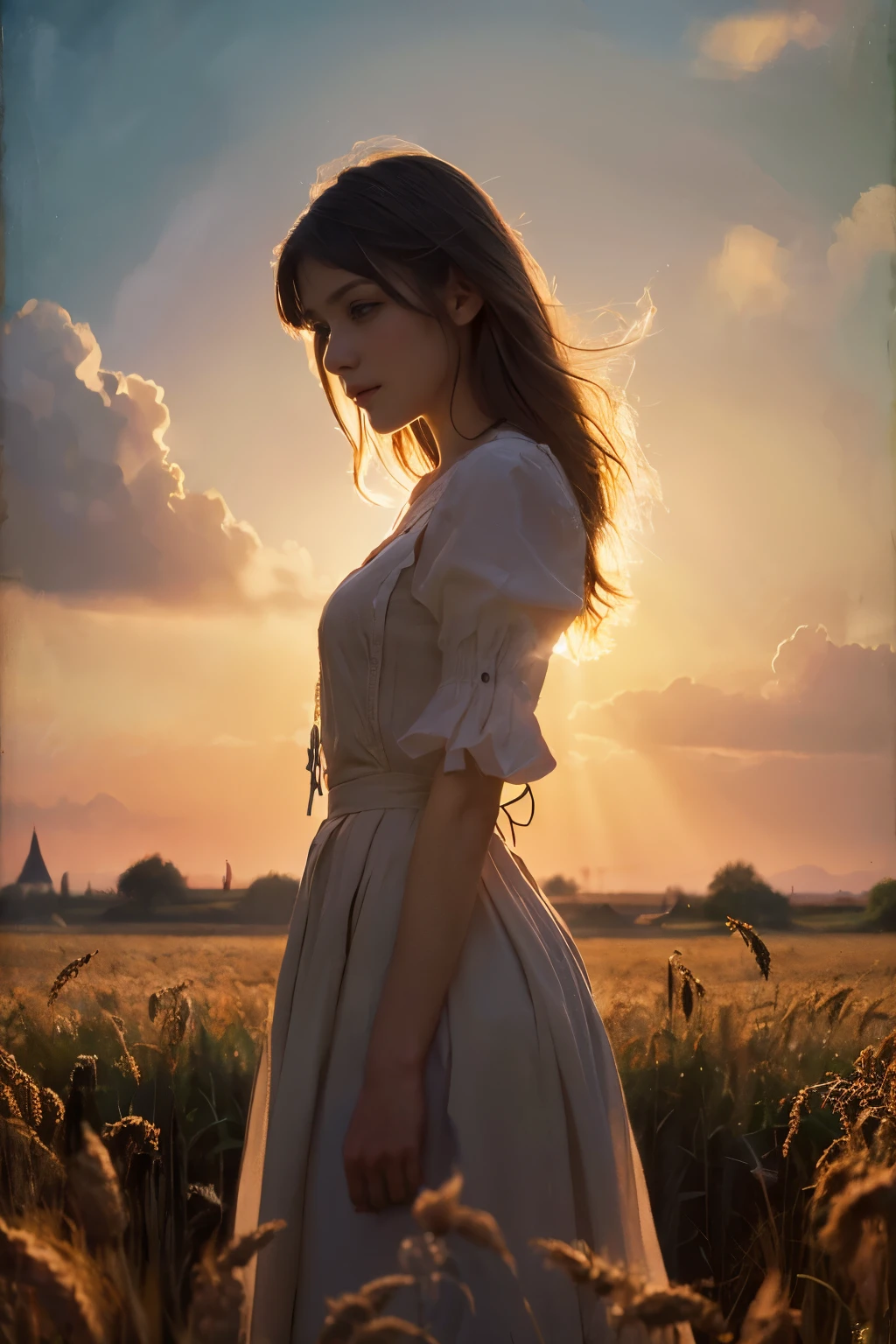 ((masterpiece:1.4, Highest quality)), (Realistic photos:1.4), (artwork),
((1 girl)), (Otherworldly beauty), (dream-like), ((1 girl, Realistic photos)),
(超High resolution:1.2), Very delicate and beautiful, wonderful, Very detailed CG Unity 8k wall paper, Very detailed, High resolution,
Soft Light, Beautiful detailed girl, Very detailed eyes and face, Beautiful and detailed nose, Beautiful and detailed,
(Portrait of a French peasant girl, late 19th century:1.3), (Wheat field), (harvest),
Cinema Lighting, Perfect Anatomy, Slender body, (Parted bangs),
(The world of Barbizon painting:1.5), (「Supper Bell」), (Evening Scenery), (Long, stretched shadows),
(The silhouette of the girl's entire body:1.5)