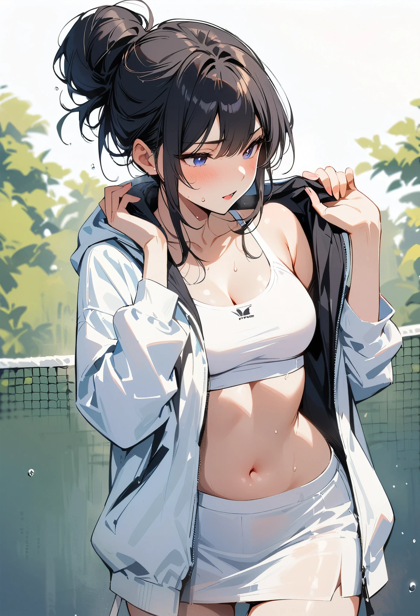 (masterpiece, best quality:1.2), 1 girl, alone , sexy , (tennis skirts) , (cowboy shot) , black hair , (white sports bra) , (Sweat) , (tennis coat) , (hair bun) , tennis pose , grab the tennis raket
