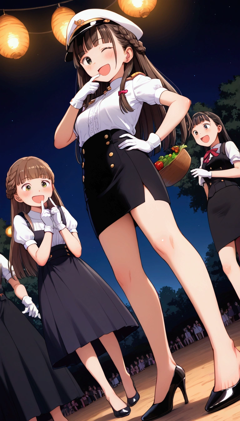 {Highest quality}, {Super beautiful},{Ultra fine},{Best illustration},Brown Hair,Hime cut,long hair,Braid,One woman,Standing Woman,Strike a pose,Adult women,smile,Excited face,Wink,Uniform cap,White Shirt,Short sleeve,long black skirt,White gloves,Night Festival,Blushing,Slender,Black stiletto heels,barefoot,From an angle,From below,Put one hand on your hip,Woman with closed legs,Putting a finger to one's mouth with one hand