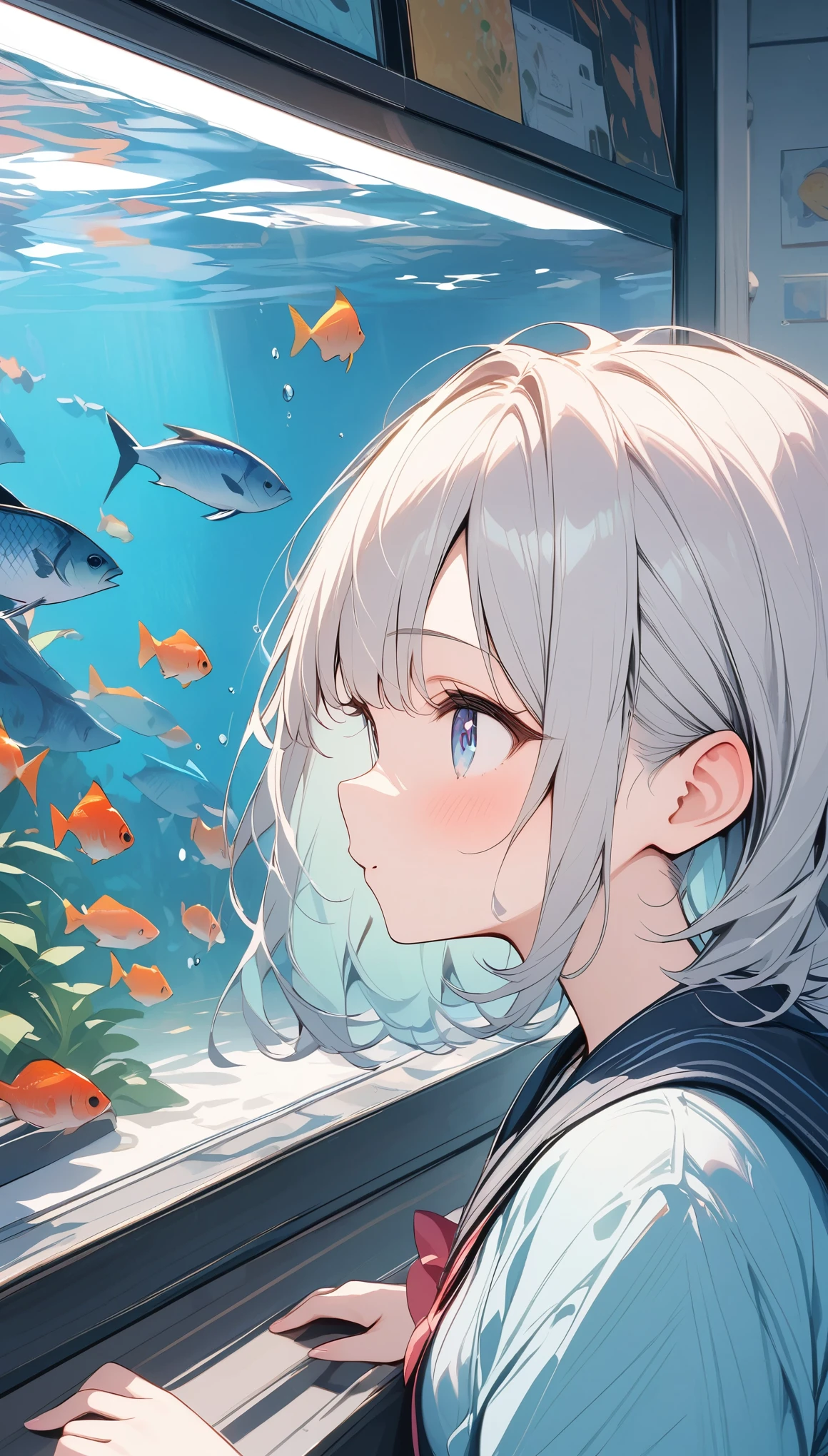 pale colour,((Amazingly absurd)),超High resolution, Attention to detail, high quality, High resolution, 最high quality, 4K, 8k, Aquarium Background、A girl gazing at the sink、Your eyes are sparkling、Impressed expression、Light production、Beautiful fish,profile,dim