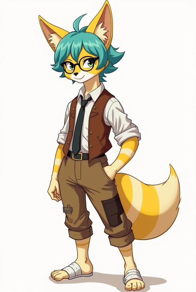 draw a human-animal white fox with bright yellow stripes, which run throughout the body. He has turquoise bangs., which ends just above the eyebrows, and bright yellow hair tips, tail and ears.  He wears a white shirt with rolled up sleeves., brown button down vest and black tie. He also has patched trousers and bandaged paws..  Riff is a stylish and confident fox, who prefers freedom and is not embarrassed to walk barefoot. He looks extraordinary and attractive.. Riff wears round glasses with black frames., which gives him a smart and slightly mysterious look. The lenses of the glasses are white and the hair is a birch fringe with yellow tips.