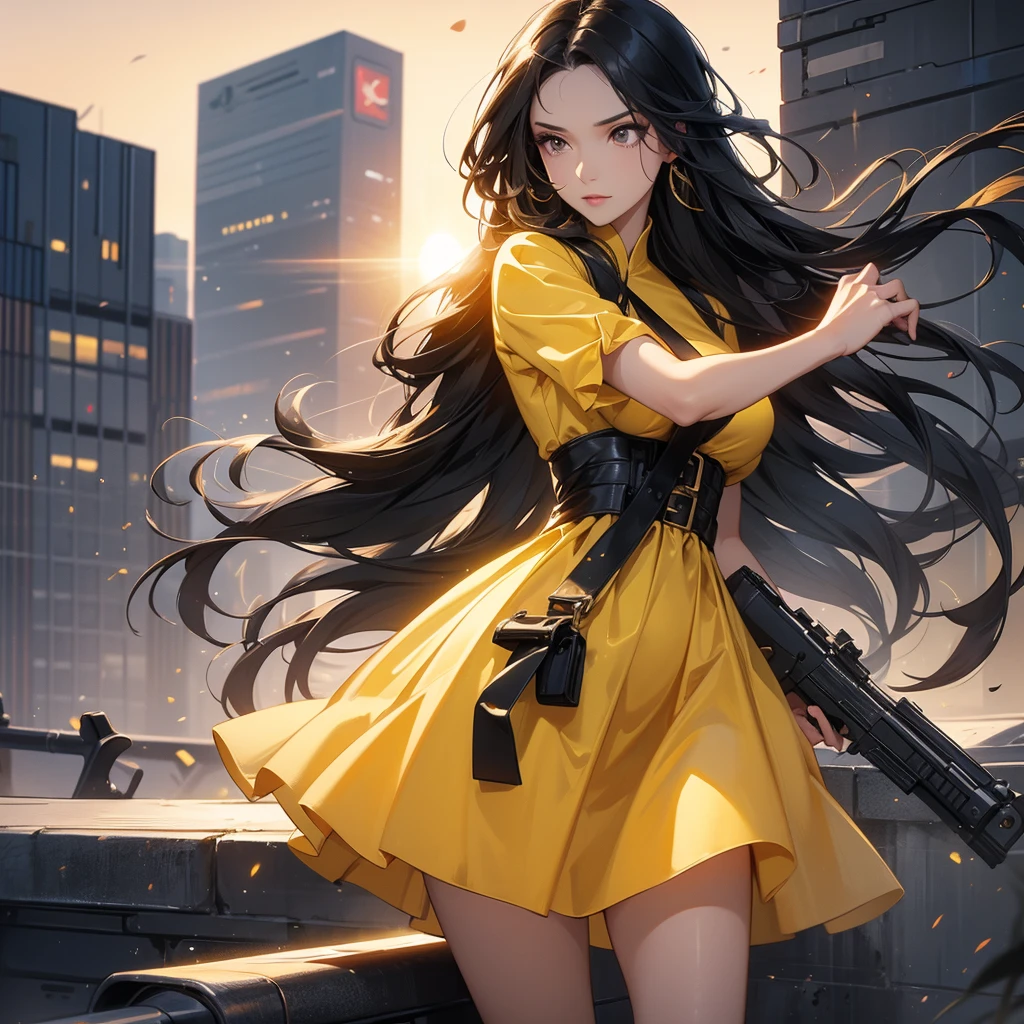 a beautiful woman with long black hair, wearing a tight yellow dress, standing holding a pistol, aiming the barrel at the bad guys, on a tall building, the sun is setting, close up.