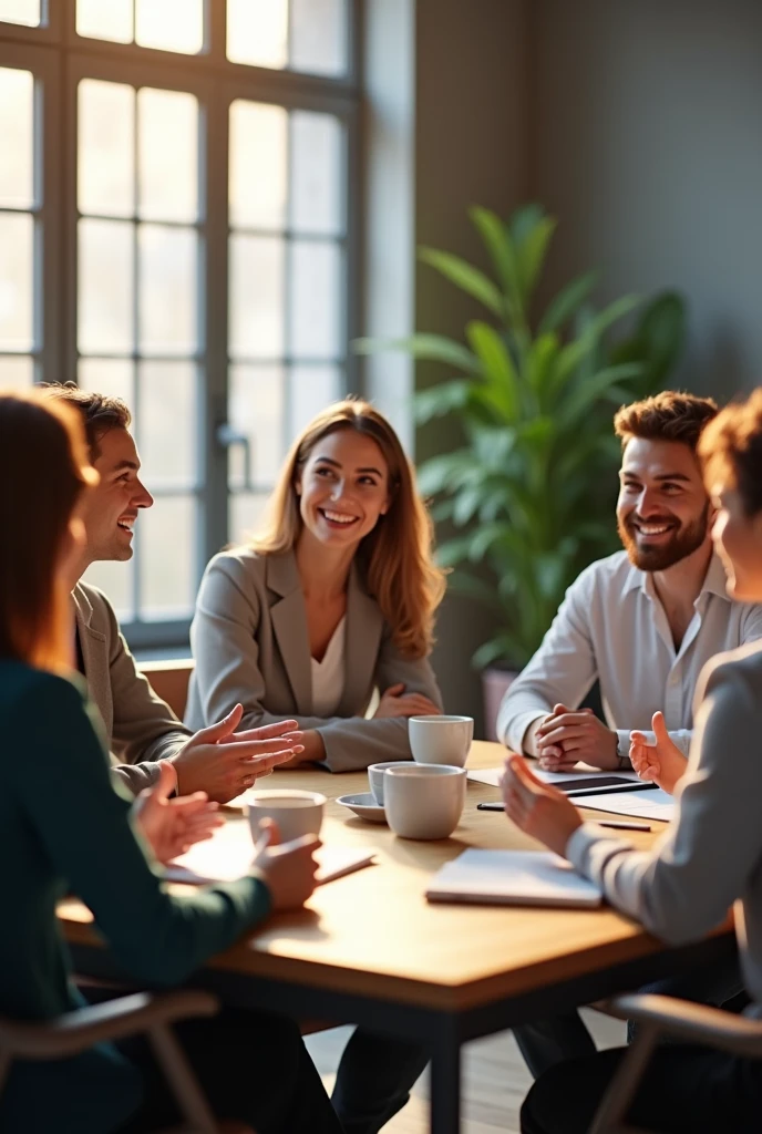 Important conversations in the company There are women talking and men talking. The atmosphere is friendly. It's a horizontal image. 3d