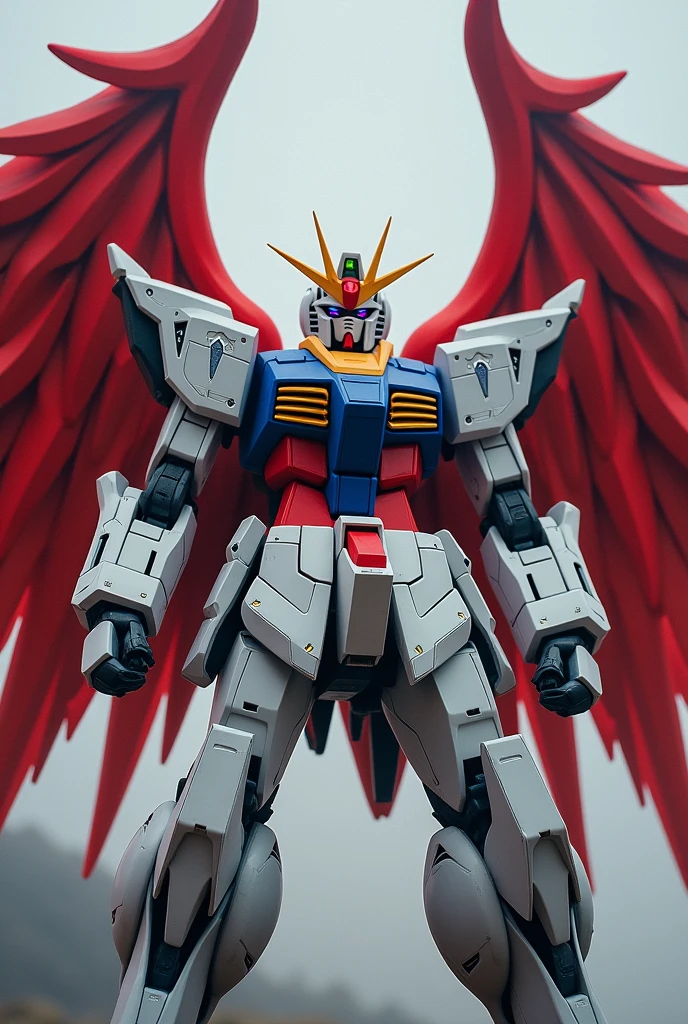 the presence of wings on the back.
the wings on the back are red.、a villainous color、Shoulders and arms、The chest is blue、the rest is mostly white.
there are vertical scars like things on both cheeks.
it's a Gundam and it doesn't have slits on its face