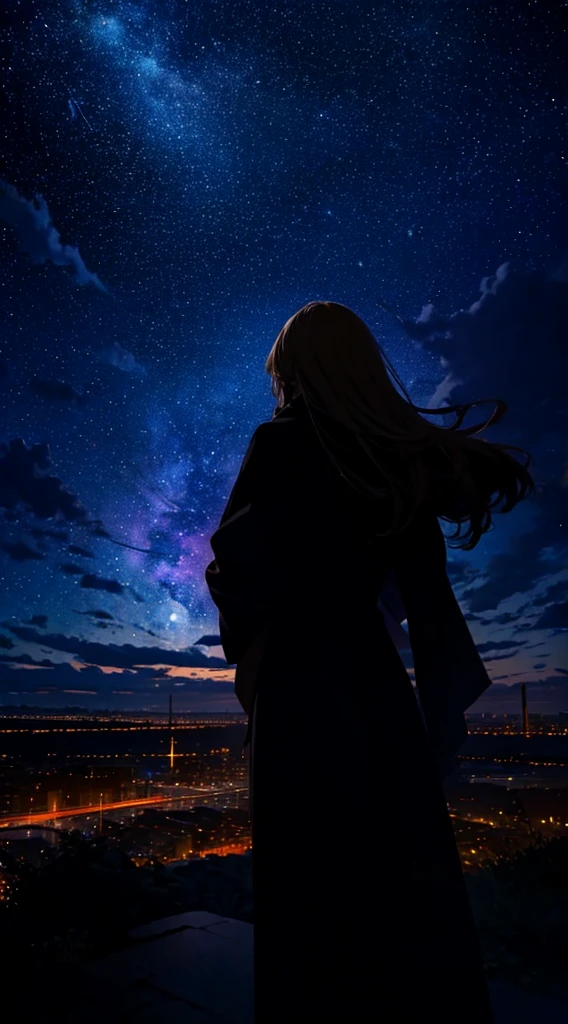 1people々々々々々々々々,Blonde long-haired woman,Long coat, Dress Silhouette, Rear View,universe ,Countless meteor showers, night,Anime Style, Starry sky seen from the hill,