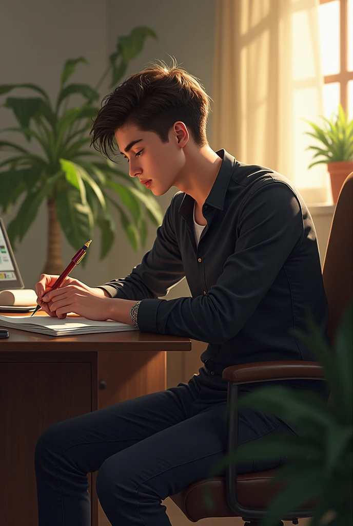 (photorealism:1.2), young man writing in an office, short hair, wearing a black shirt and pants, soft lighting, plants in the background, window with sunlight, cozy room, relaxed pose, realistic, intricate details, warm colors.