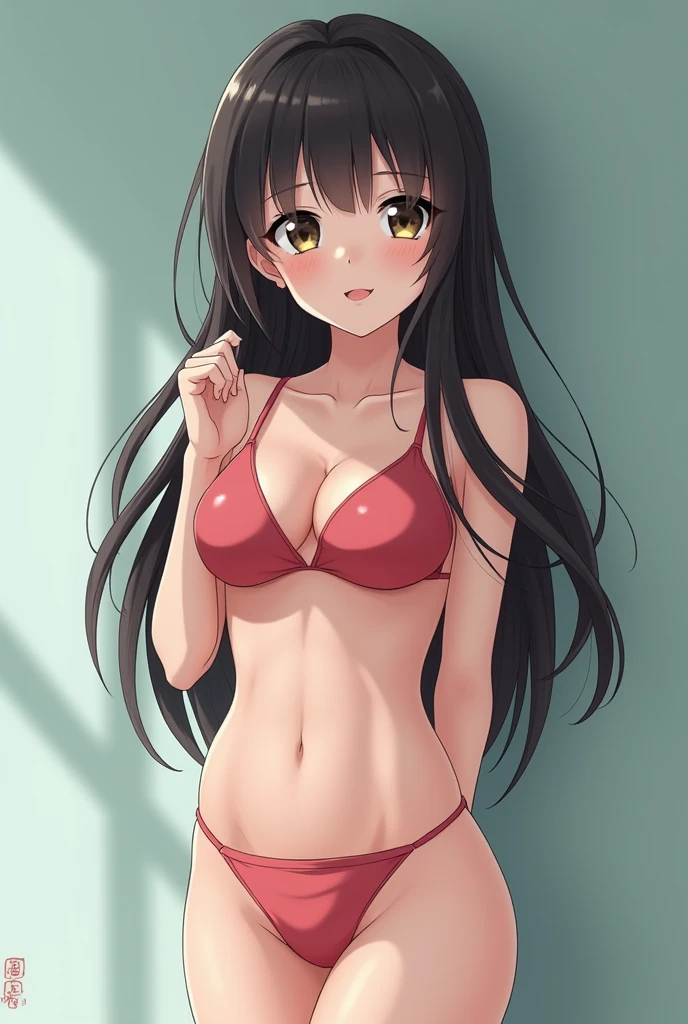 Create a picture of a cute japanese girl long hair have a bang age about 20 years old height around 160 cm. Wearing a swimming sout showing her vagina
