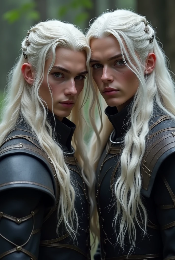 2 males, 1 male,beauty, white long hair, eyes lilac, and, 1 male, high, brown skin, game of thrones.