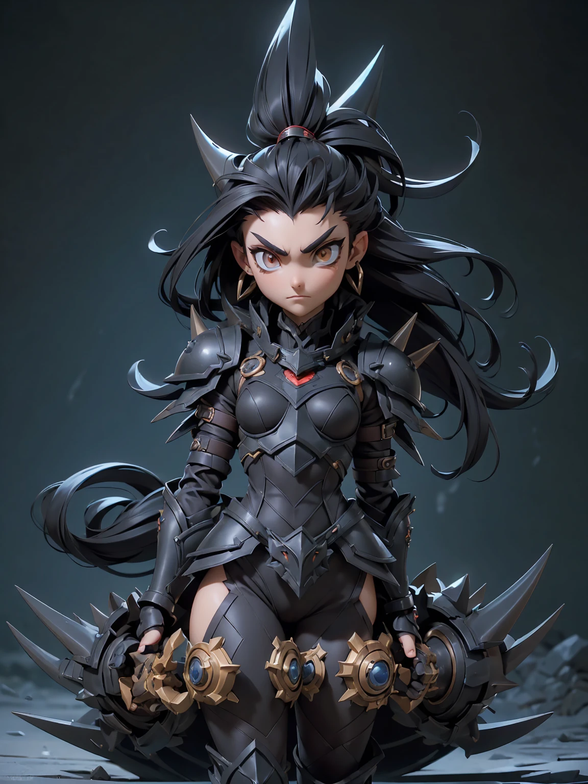 (((masterpiece, best quality, high detailed, 16k))) (1girl) A fierce girl donning armor reminiscent of Black WarGreymon, her eyes burning with determination and strength. Her hair is a stark black with streaks of silver, flowing around her fierce expression. She wears a dark, metallic armor, adorned with menacing spikes and intricate patterns of red and black, echoing the design of a powerful Digimon warrior. The armor is both robust and sleek, offering maximum protection while enhancing her intimidating presence. She wields a massive, clawed gauntlet, and her stance exudes readiness for battle. Around her, a dark aura pulses with raw energy, hinting at her immense power and relentless spirit. ((full body view:1.4))