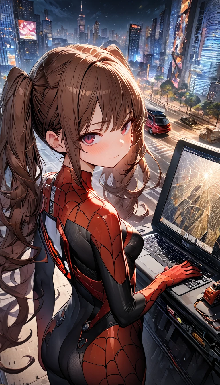 (masterpiece, Highest quality), Intricate details, 8k, Art Station, wallpaper, Official Art, Splash Art, Sharp focus,, One girl, Long Hair, Twin tails, Red eyes, Brown Hair, ,  Spider Suit, spiderweb printing, spiderweb,  , skyscraper, city, building, car, street,
