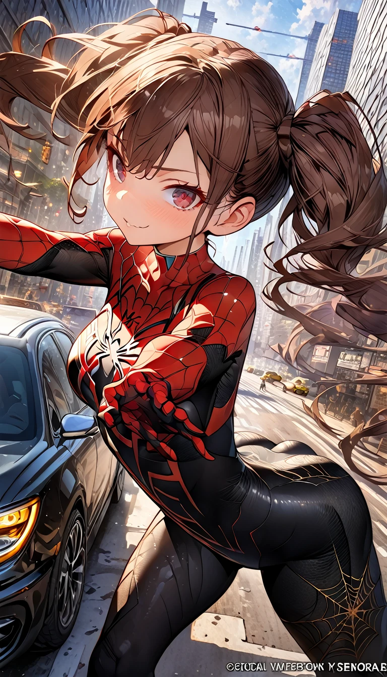 (masterpiece, Highest quality), Intricate details, 8k, Art Station, wallpaper, Official Art, Splash Art, Sharp focus,, One girl, Long Hair, Twin tails, Red eyes, Brown Hair, , Spider Suit, spiderweb printing, spiderweb, , skyscraper, city, building, car, street,