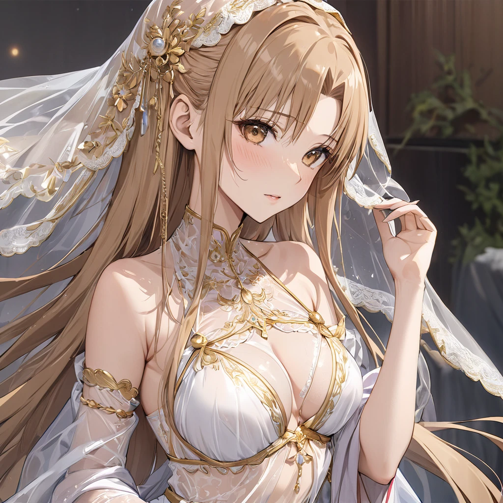 ((Highest quality)), ((masterpiece)), (detailed), (Perfect Face)、The woman is Yuuki Asuna, with light brown, medium-long hair, wearing a completely transparent outfit with gorgeous gold embroidery and trim, a veil, a transparent cape, and gorgeous accessories.、The woman is not wearing a bra、The woman is not wearing underwear
