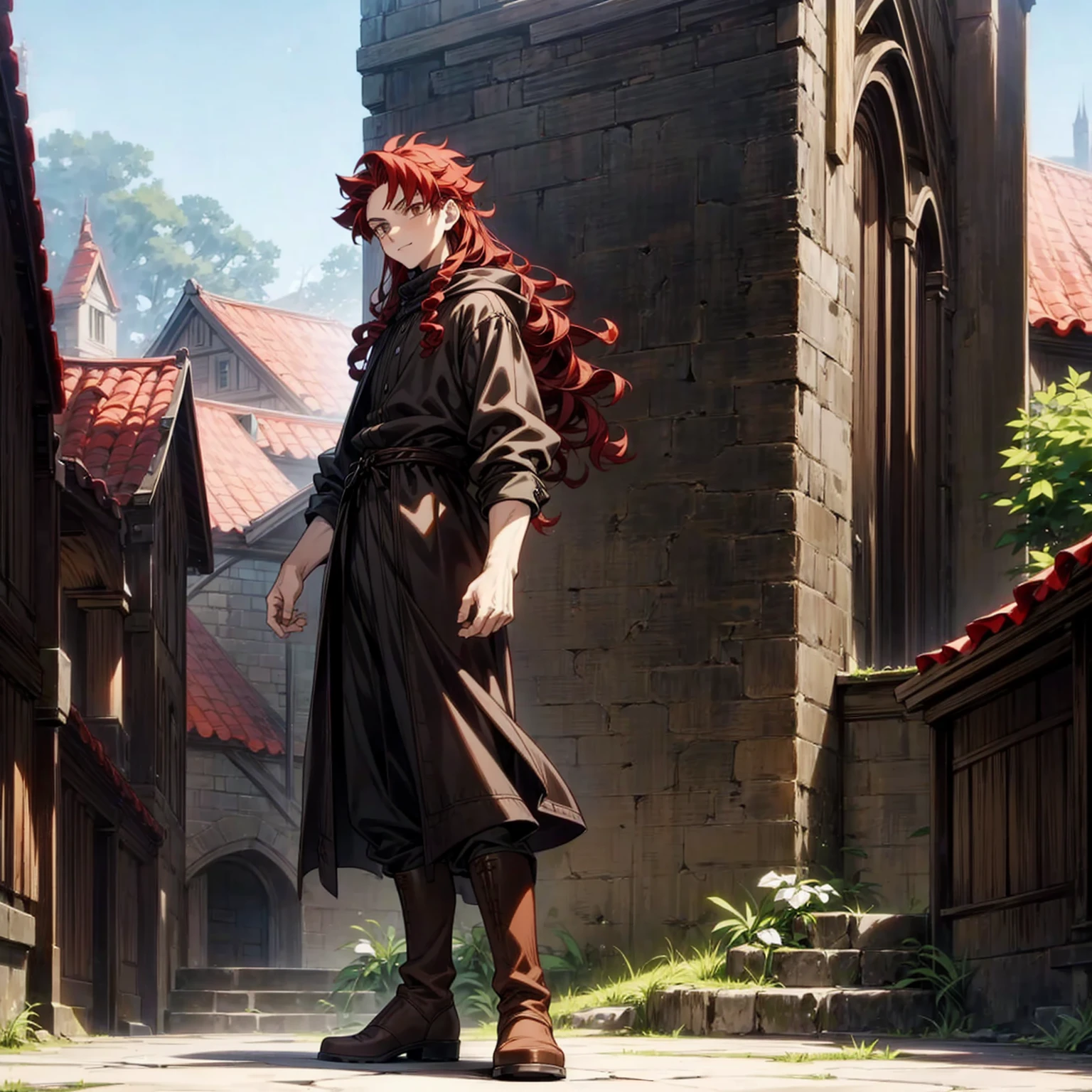 Solo character, full body version, young man, muscle, tall height, brown eyes, red color hair, long curly hair, casual clothing, black color clothing, boots, outdoor, village, medieval, morning, detailed background, detailed clothing, detailed hair, happy, (Hunter x Hunter style art), standing gesture 