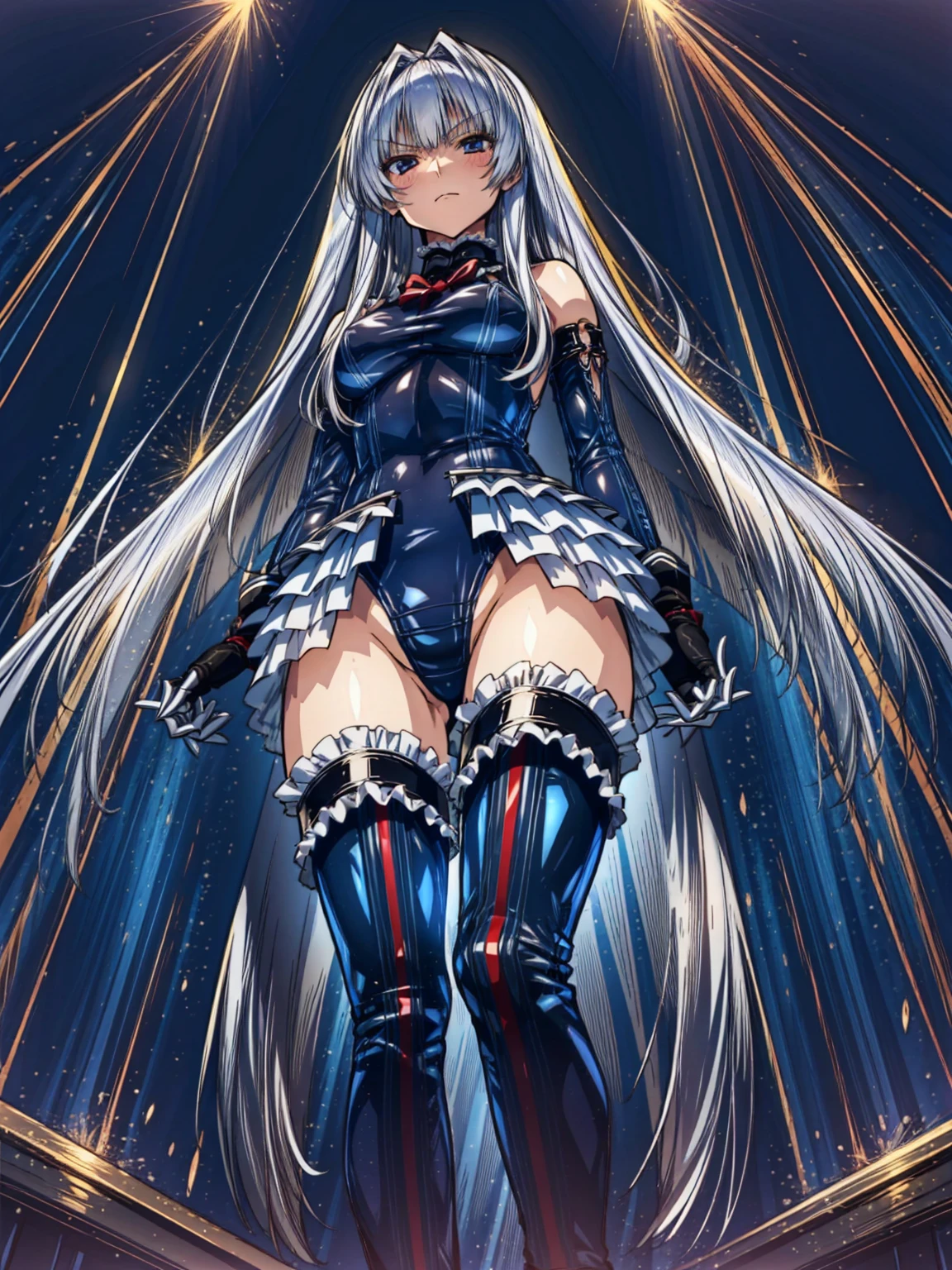 Perfect Anatomy, Highest quality, rose,,Provocative attitude
(Inside the futuristic base:1.1)(Emotionless,Expressionless:1.4),Anime Style,(frilled swimsuit,
thighhighs,
detached sleeves), (Anime Style:1.4) ,(Three Girls:1.5),
Silver Hair,(White fingers:1.1,Black gloves),Very long hair,Evil Aura,(From directly below:1.4),whole body