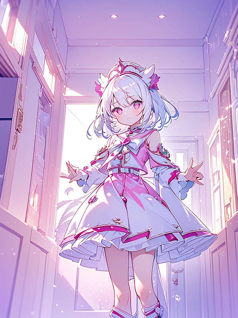 best quality. 4k. 8k. 1girl. a cute girl. white hair. medium hair. magical girl. pink clothes. latex. (looking at viewer). standing. light smile. from below. bedroom 