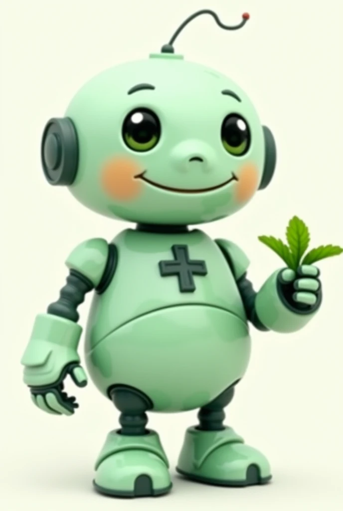 Friendly robot smiling, Small, chubby, light green in color, with a medical cross on his chest and one hand holding a mint leaf.