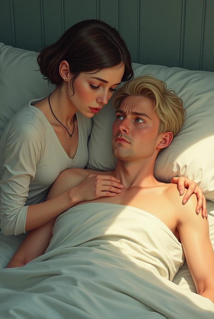 Illustration of a woman taking care of a sick man in bed
The man has blond hair and blue eyes。She is beautiful but very thin。
The man has a high fever。
The woman has short brown hair and green eyes。Large hanging eyes。
A woman is beside the bed、She is worriedly placing her hand on the man's forehead。
