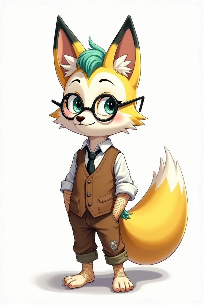 draw a human-animal white fox with bright yellow stripes, which run throughout the body. He has turquoise bangs., which ends just above the eyebrows, and bright yellow hair tips, tail and ears. He wears a white shirt with rolled up sleeves., brown button down vest and black tie. He also has patched trousers and bandaged paws.. Riff is a stylish and confident fox, who prefers freedom and is not embarrassed to walk barefoot. He looks extraordinary and attractive.. Riff wears round glasses with black frames., which gives him a smart and slightly mysterious look. The lenses of the glasses are white and the hair is a birch fringe with yellow tips.