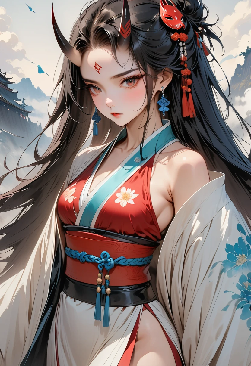 (Masterpiece, Top quality, Best quality, Official art, Beautiful and aesthetic:1.2), Ink painting, (((Very detailed forehead tattoo))), (((Wearing Anbu fox mask)))A tempting devil,1 girl, wearing a kimono, (2 small oni horns:1.6), water around, Glowing body, Colorful, Top detailed, Cold light,  Tattoo