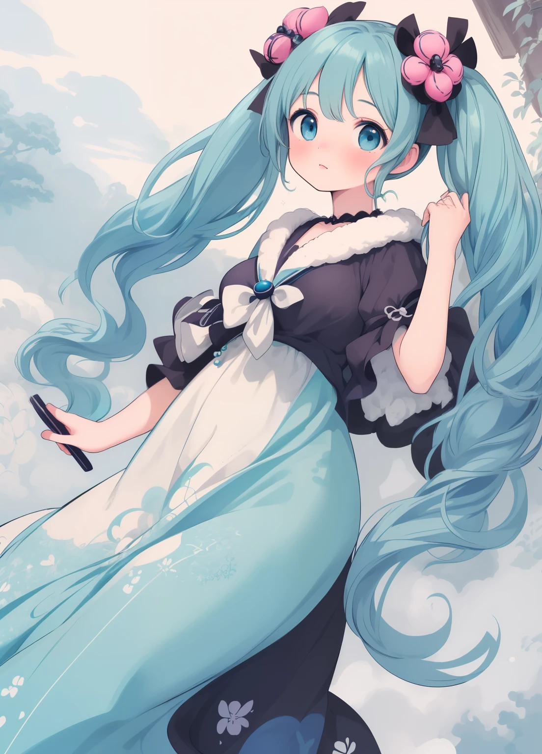 (masterpiece、Highest quality、Highest quality、Official Art、Beautiful and beautiful:1.2)、(One girl:1.3)Hatsune Miku、Twin tails,Beautiful breasts, Katsushika Hokusai,High resolution, (masterpiece:1.2), (Highest quality, Highest quality), Aqua, One girl, Blue Hair, blue eyes, Very long hair, Hair ornament edgGD, edgGD Wearing a goth dress,
