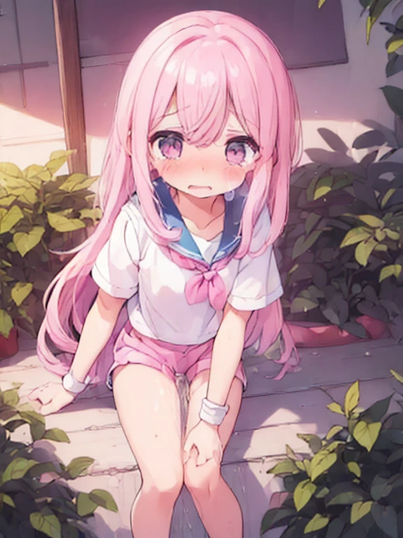 ((orgasm:1.3)、blush、Embarrassing、trembling、tears、Open your mouth、Love juice:1.5)Beautiful illustrations, Highest quality, (12-year-old girl:1.4)、(pretty girl:1.5)、 girl、Flat Chest、Sailor collar、(White long tunic:1.4)、Long sleeve sailor suit、Blue-line cuffs、(Pink Chino Shorts:1.7)、(Pink shorts with wide openings:1.6)、Gap between thigh and shorts、Thin thighs、White socks、 Cinema Lighting, (Pink long hair)、Pink Straight Hair、Redness on the cheeks、(Braiding of the back of the head)