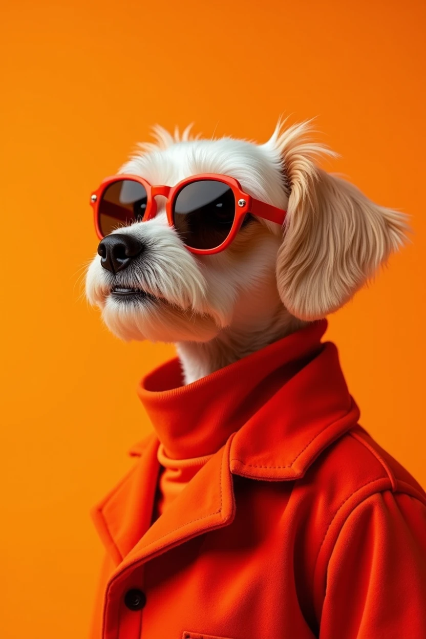 The best mobile wallpaper, Award-winning wallpaper, Portrait Photography, In front view is a portrait of a cute dog wearing 1960s mid-century space-age fashion, Side view shot, Shot with Canon EOS R5, Setting a stark contrast that accentuates the subject, Fluorescent orange shade, Wearing a very fashionable lounge coat and sunglasses are a hip 1960s style, Clothing all in one color, Beautiful background