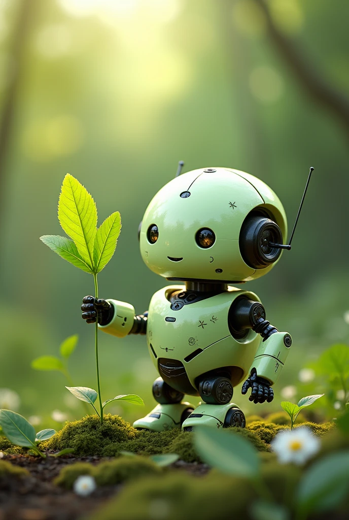 Friendly little light green robot with a leaf in its hand