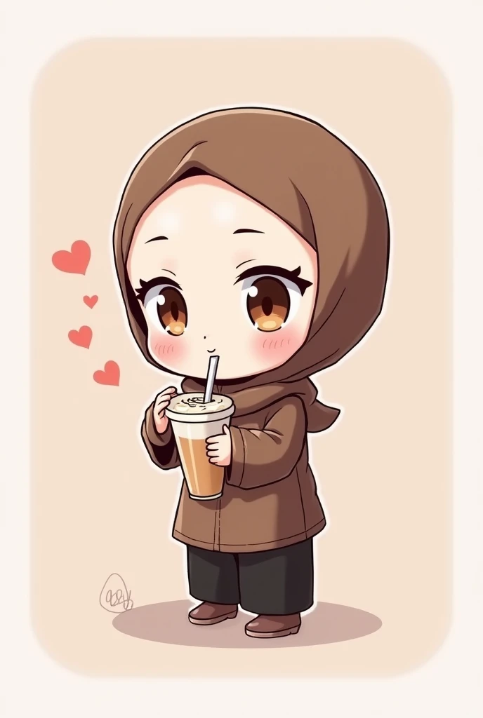 ultra-small deformation, Chibi Cute, 1girl, solo, full body, Hijab Costume , drinking condensed milk with straw, smile, High contrast and vivid color, simple background