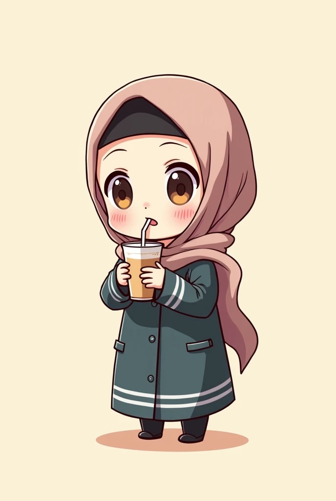 ultra-small deformation, Chibi Cute, 1girl, solo, full body, Hijab Costume , drinking condensed milk with straw, smile, High contrast and vivid color, simple background