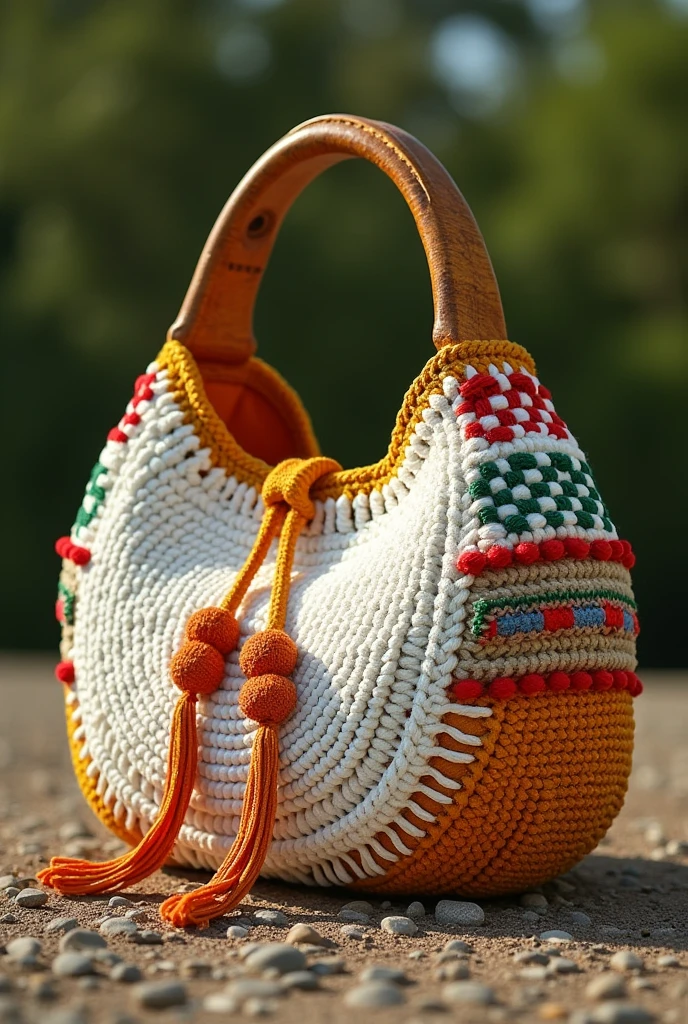 Act as designer,Create some image of unique stylish Crochets bag with wooden  handle in colour combination of white ,red, green and mustard for 2025 trends
