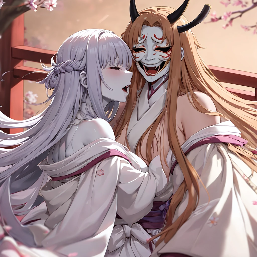 ((Highest quality)), ((masterpiece)), (detailed), (Perfect Face)、The woman in the Hannya costume is Yuuki Asuna, with light brown, semi-long hair and a Hannya mask covering her entire face, and her whole body is pure white skin.、The woman is in the state of Hannya in both body and mind, and her face is completely Hannya.、The woman is wearing a sexy, alluring, and provocative bridal gown and is adorned with accessories.、The woman is embracing, kissing and having sex with the leader of the Prajna Party.、The woman became the wife of the leader of the Prajna Party and the couple became a loving couple.
