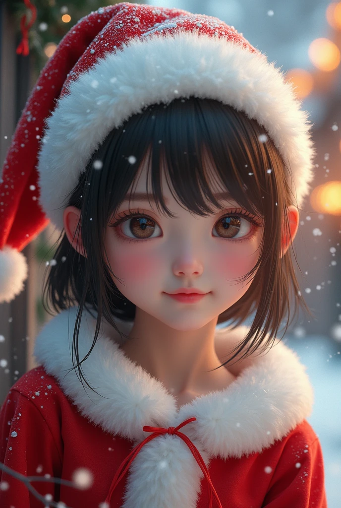 A japanese girl in santa claus costume, smile,beautiful detailed eyes, droppy eyes,beautiful detailed lips, extremely detailed face and hair, long eyelashes, intricate detailed fabric textures, santa hat, christmas lights, snowy winter background, (best quality,4k,8k,highres,masterpiece:1.2),ultra-detailed,(realistic,photorealistic,photo-realistic:1.37),vibrant colors,cinematic lighting,soft bokeh