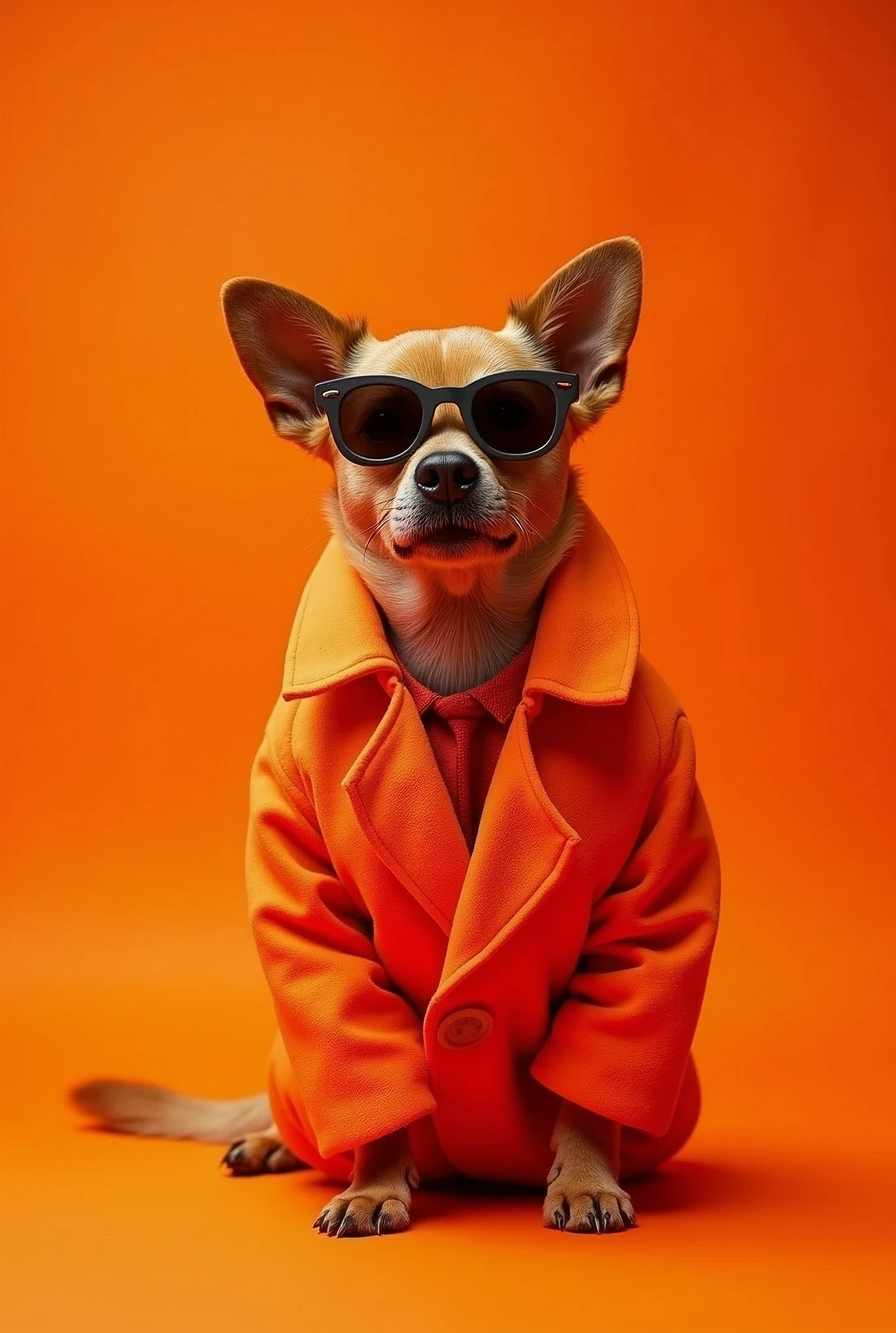 The best mobile wallpaper, Award-winning wallpaper, Portrait Photography, In front view is a portrait of a cute dog wearing 1960s mid-century space-age fashion, Side view shot, Shot with Canon EOS R5, Setting a stark contrast that accentuates the subject, Fluorescent orange shade, Wearing a very fashionable lounge coat and sunglasses are a hip 1960s style, Clothing all in one color, Beautiful background