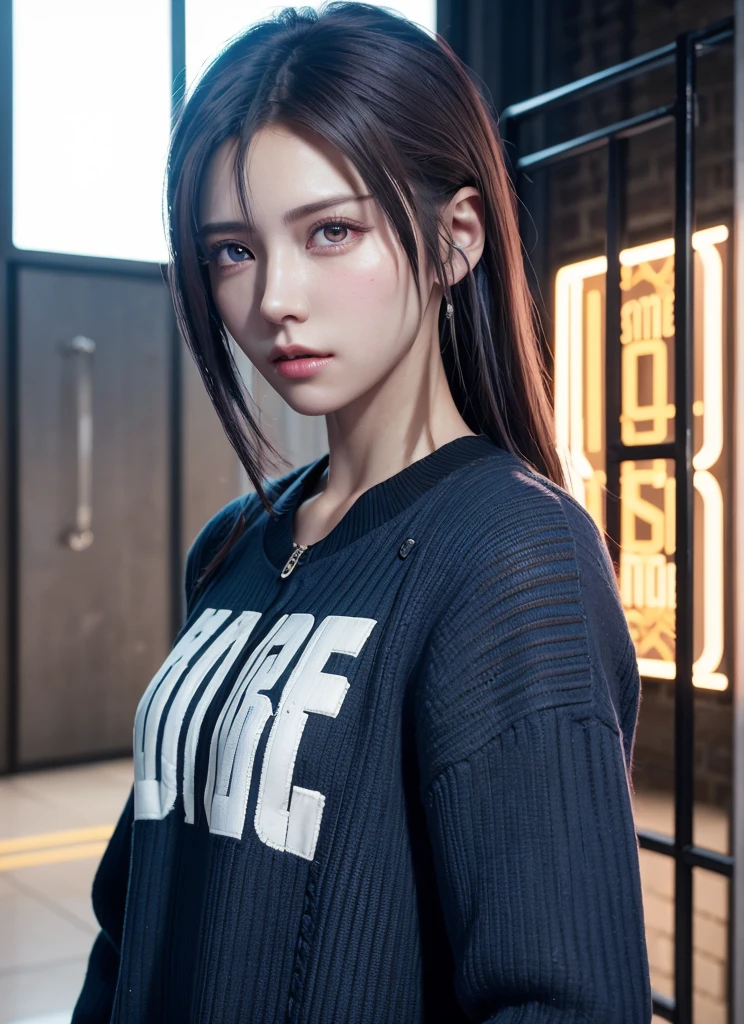 Wear cyberpunk complex streetwear, Beautiful, girl, detailed portrait, 4 k, Bright colors, Concept art, With a cinematic and dramatic atmosphere, Sharp Focus, Volumetric lighting, Cinematic lighting, Studio Quality