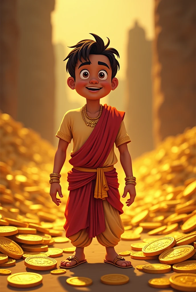 a picture of a cartoon of a man standing in front of a bunch of coins, big budget movie scene, with many gold coins, cartoon still, trending on devianart, animation film still, vijay jayant props, 🪔 🎨;🌞🌄, children's cartoon, accurate depiction, by Jitish Kallat, wealth